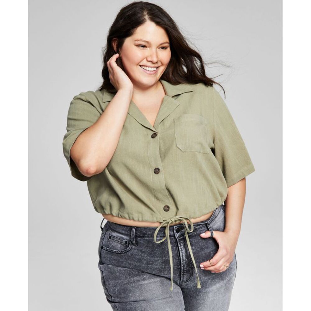 And Now This Now This Trendy Plus Size Tie Front Woven Shirt